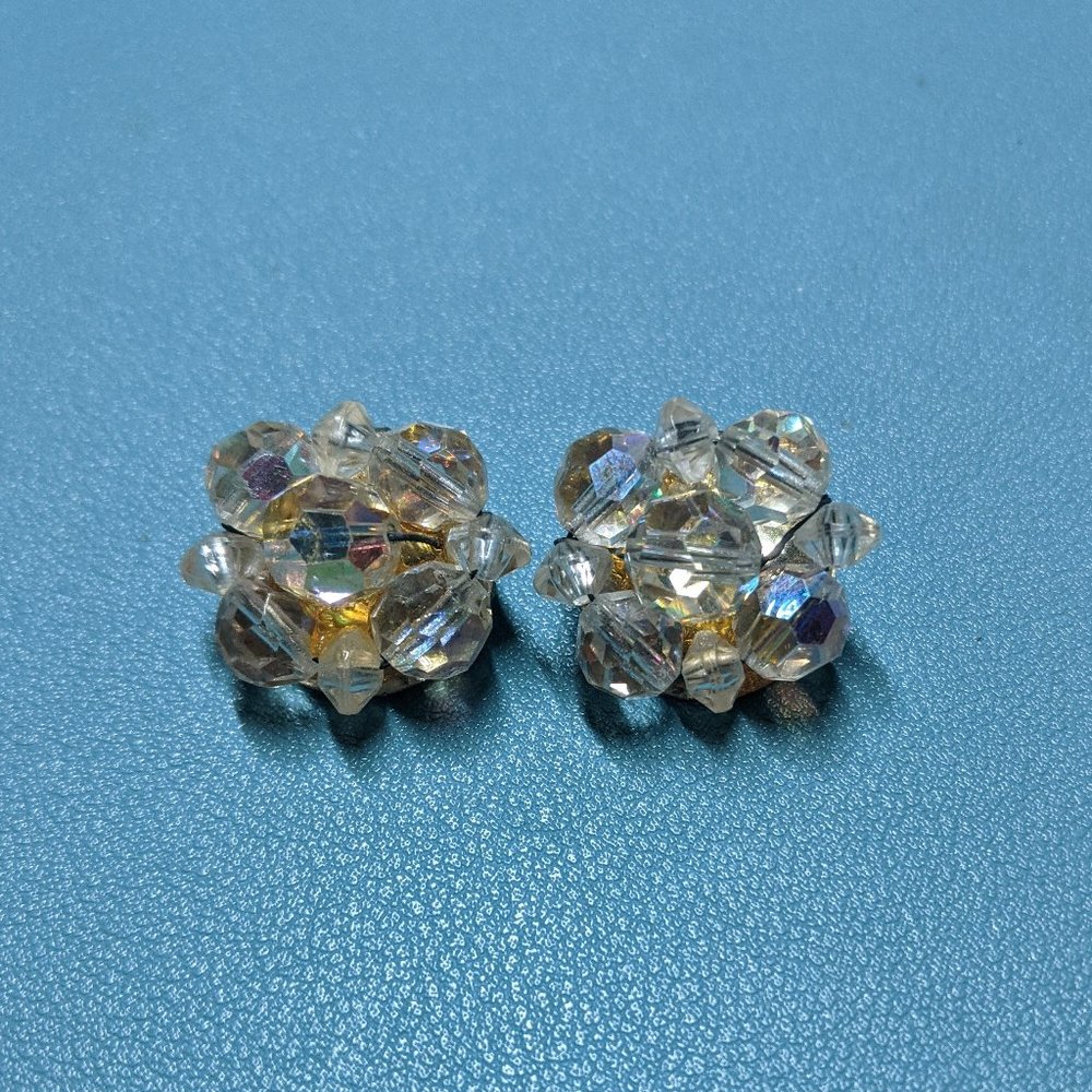 Vintage Aurora Borealis Beaded Clip-On Earrings